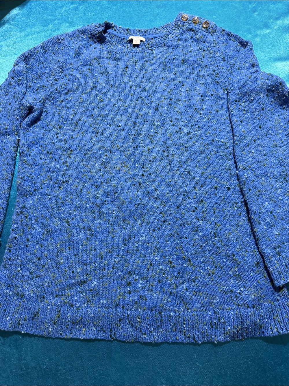 J. Jill Blue Speckled Crewneck Sweater with Shoulder Buttons